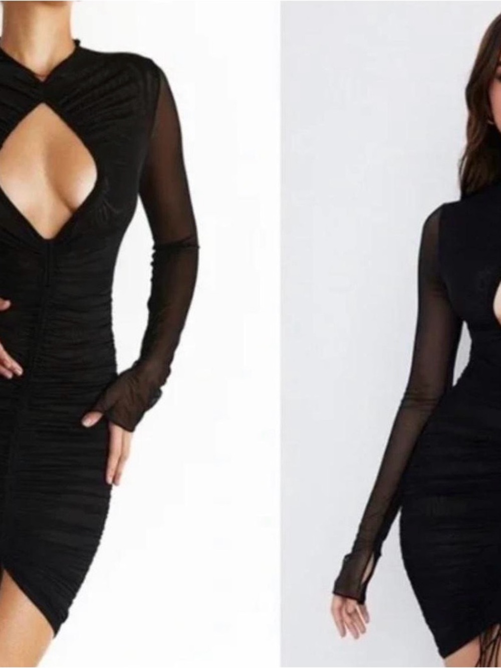 House of CB Black Ruched Mesh-Sleeve Cutout Bodycon Dress